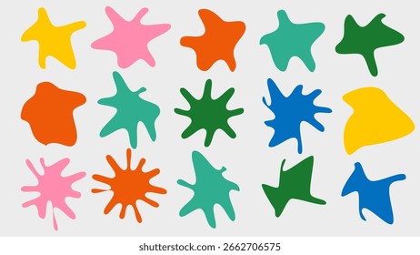A set of colorful abstract splatter blobs for graphic design and illustration projects. These elements can be used for backgrounds, accents, or as stand-alone design features.