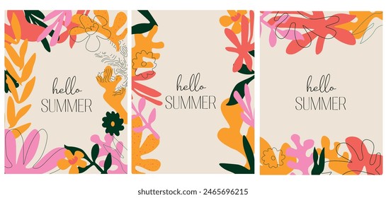 Set of colorful abstract summer backgrounds with tropical palm leaf for social media,banner,cover,poster,stories,card,post.Trendy vector template for your design with copy space for text. Summertime