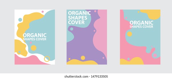 Set of colorful abstract vector backgrounds with colorful organic shapes. Minimal modern cover design. Abstract background. Organic shapes cover. Blue, pink, yellow, purple placard poster template. 