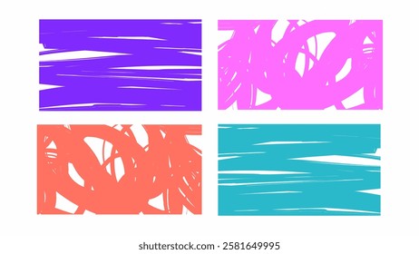 Set of colorful abstract vector backgrounds with dynamic brushstroke textures. Features four unique designs in vibrant purple, pink, coral, and teal. Perfect for posters, branding, and creative