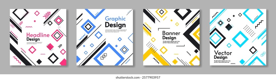 Set of colorful abstract vector card with white background. Design featuring geometric shapes, lines, and patterns. Modern composition with a minimalist style. 