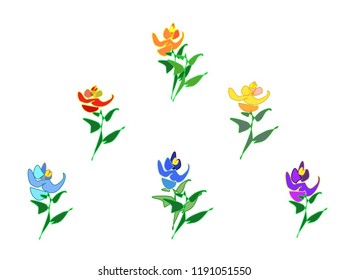 Set of colorful abstract vector flowers with abstract green leaves. Vector arrangement for greeting cards or invitation design background. All elements of flowers and leaves are isolated and editable 