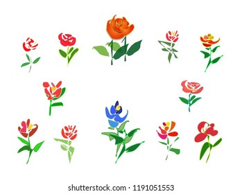 Set of colorful abstract vector flowers with abstract green leaves. Vector arrangement for greeting cards or invitation design background. All elements of flowers and leaves are isolated and editable 