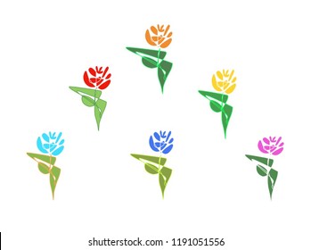 Set of colorful abstract vector flowers with abstract green leaves. Vector arrangement for greeting cards or invitation design background. All elements of flowers and leaves are isolated and editable 