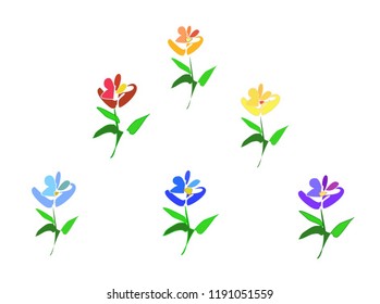 Set of colorful abstract vector flowers with abstract green leaves. Vector arrangement for greeting cards or invitation design background. All elements of flowers and leaves are isolated and editable 