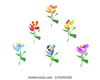 Set of colorful abstract vector flowers with abstract green leaves. Vector arrangement for greeting cards or invitation design background. All elements of flowers and leaves are isolated and editable 