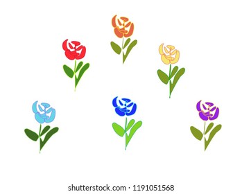 Set of colorful abstract vector flowers with abstract green leaves. Vector arrangement for greeting cards or invitation design background. All elements of flowers and leaves are isolated and editable 