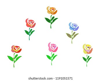 Set of colorful abstract vector flowers with abstract green leaves. Vector arrangement for greeting cards or invitation design background. All elements of flowers and leaves are isolated and editable 