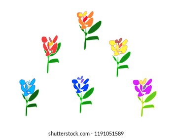 Set of colorful abstract vector flowers with abstract green leaves. Vector arrangement for greeting cards or invitation design background. All elements of flowers and leaves are isolated and editable 