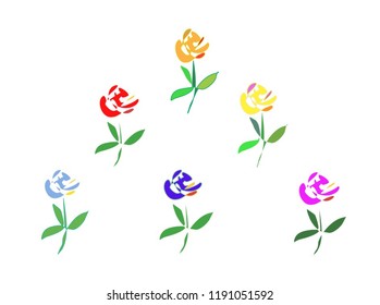 Set of colorful abstract vector flowers with abstract green leaves. Vector arrangement for greeting cards or invitation design background. All elements of flowers and leaves are isolated and editable 