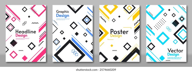 Set of colorful abstract vector poster. Design featuring geometric shapes, lines, and patterns. Modern composition with a minimalist style. 