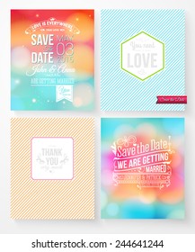 Set of colorful abstract vector wedding invitations with various Save the Date texts and card designs for thankyou notes and You Need Love on striped backgrounds