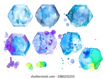 Set of colorful abstract watercolor texture stain with splashes and spatters. Modern creative watercolor background for trendy design.