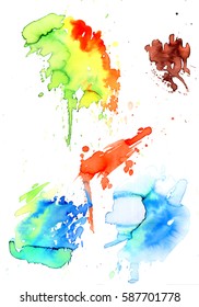 Set of colorful abstract watercolor texture stains with splashes and spatters. Modern creative watercolor background for trendy design.