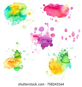 Set of colorful abstract watercolor texture stains with splashes and spatters. Modern creative watercolor background for trendy design.