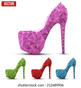 Set of colorful abstract woman shoes on high heels in triangulation style. Editable Vector Illustration isolated on white background.