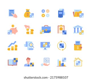 Conjunto de coloridos iconos contables. Análisis financiero, cálculo de ingresos y gastos, ahorro de dinero y consultoría. Diseño de sitio web. Colección vectorial plana de dibujos animados aislada en fondo blanco