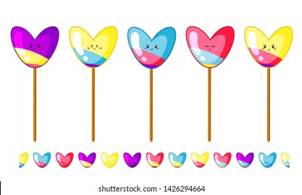 Set  of colorful acid candies in style kawaii   with funny border isolated on white background. Vector illustration