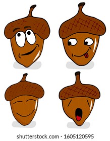 Set of colorful acorns cartoon characters with different emotions on a white background doodle style. Hand-drawn vector illustration for badge, logo, sticker, print.