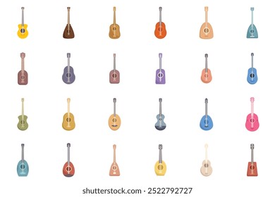 Conjunto de guitarras acústicas coloridas mostrando variedade de cores e formas, ótimo para conceitos musicais