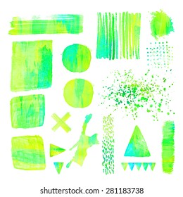 Set of colorful acrylic design elements. Abstract vector illustration. White background with watercolor stains. Editable template. Isolated. Geometric shape. Triangle, square, circle, cross.