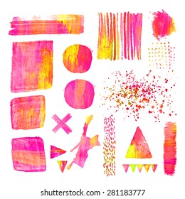 Set of colorful  acrylic design elements. Abstract vector illustration. White background with watercolor stains. Editable template. Isolated. Geometric shape. Triangle, square, circle, cross.
