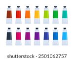 Set of colorful acrylic, gouache, oil, watercolor paint tubes. Flat vector illustration isolated on white background. Art supplies and creativity concept. Perfect for educational materials