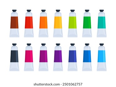 Set of colorful acrylic, gouache, oil, watercolor paint tubes. Flat vector illustration isolated on white background. Art supplies and creativity concept. Perfect for educational materials