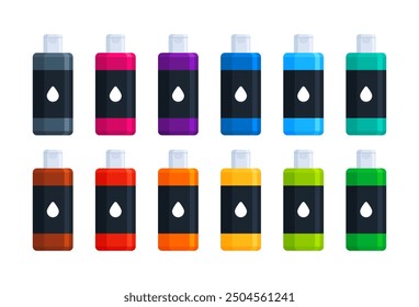 Set of colorful acrylic paint bottles in various shades. Flat vector illustration isolated on white background. Art supplies concept. Perfect for educational materials and creative projects