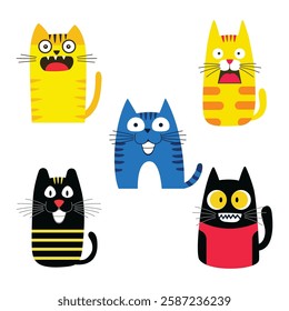 Set of Colorful Adorable Naughty Cat Animal Cartoon Character with Humor Happy Expression