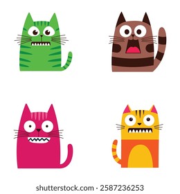 Set of Colorful Adorable Naughty Cat Animal Cartoon Character with Humor Happy Expression