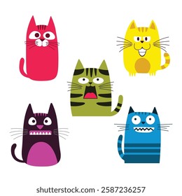 Set of Colorful Adorable Naughty Cat Animal Cartoon Character with Humor Happy Expression