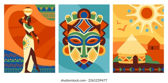 Coloridos afiches africanos. Pancartas con una hermosa joven afroamericana vestida con traje tradicional, máscara étnica tribal y asentamiento con casas. Colección vectorial plana de dibujos animados aislada en blanco