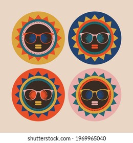 Set of colorful afro faces in sun decor. Vector illustration with women portrait in sunglasses. Vintage stickers on pink background.