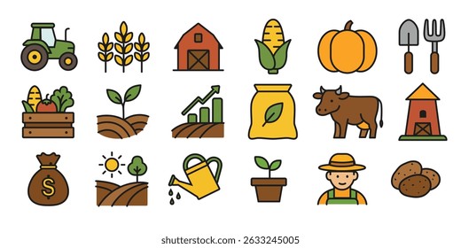 Set of colorful agriculture and farming icons including tractor, barn, crops, vegetables, tools, and farmer. Flat cartoon vector illustrations. Design for banner, poster, greeting card, sticker