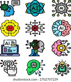 Conjunto de ícones coloridos vetoriais de IA que mostram cérebro, circuitos, aprendizagem automática, redes neurais, automação e elementos de inteligência digital para tecnologia, inovação e conceitos futuristas.