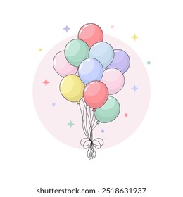 Set of colorful air balloons as a birthday gift. Party decoration and flying helium balloons with ribbons vector illustration.