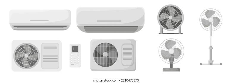 Conjunto de aparatos de refrigeración de aire colorido al estilo de dibujos animados. Ilustración vectorial de los ventiladores y acondicionadores de aire sobre fondo blanco.