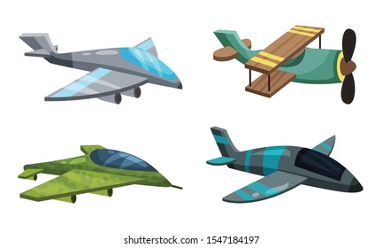 Set of colorful airplanes in cartoon style. Vector illustration on a white background.
