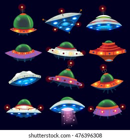 Set of colorful alien space ships in the sky