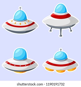 Set of colorful alien spaceships isolated on white background