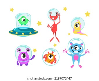 Set of colorful aliens in cartoon style. Vector illustration of interesting aliens in an aquarium helmet and ufo on white background.