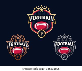 Set of Colorful american football challenge winner logo labels with first, second and third place signs. Vector abstract isolated illustration
