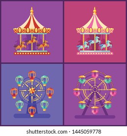 Set of colorful amusement park rides. Carousel and ferris wheel at night flat illustration.