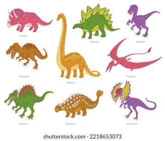 Set of colorful ancient dinosaurs with titles flat style, vector illustration isolated on white background. Predators and herbivores, prehistoric big creatures