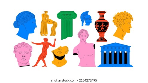 Set of colorful ancient greek statue and classic vintage monument shapes. Greece culture antique illustration collection. Historical flat cartoon drawing bundle.