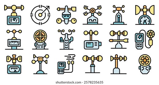 Set of colorful anemometer icons illustrating various weather measurement tools