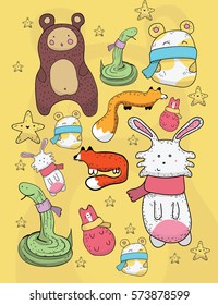 Set of colorful animal doodles in vector