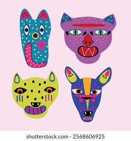 A set of colorful animal masks in a folk art style. The masks feature bold and vibrant designs with patterns and details resembling a cat, dog, and other abstract animals