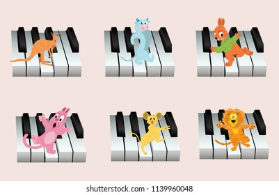 Set of  colorful animals action on key piano. Vector illustrator.
